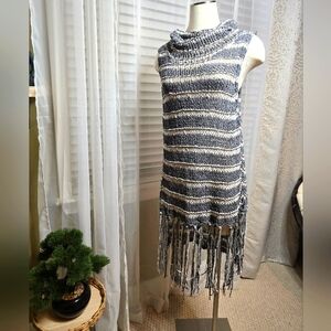 Free People, Striped Gray, and White Knit Fringe top, Size L